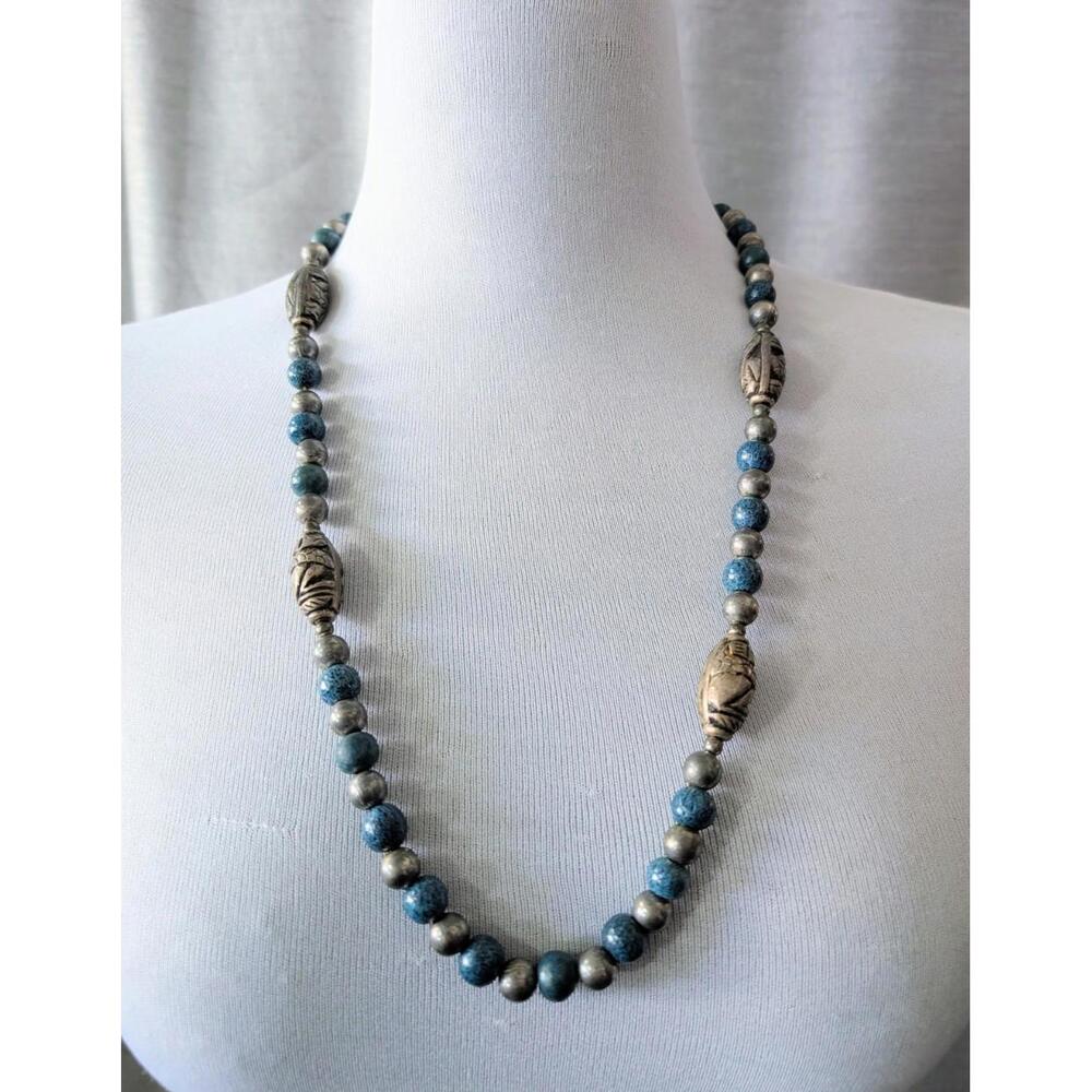 Tibetan Necklace Heavy Silver Blue Stone Beaded Vintage Necklace